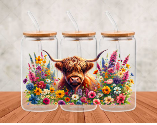 Highland Cow Flowers UV- DTF Adhesive cup wrap