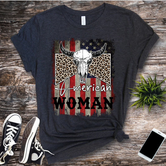 American woman buffalo skull american flag